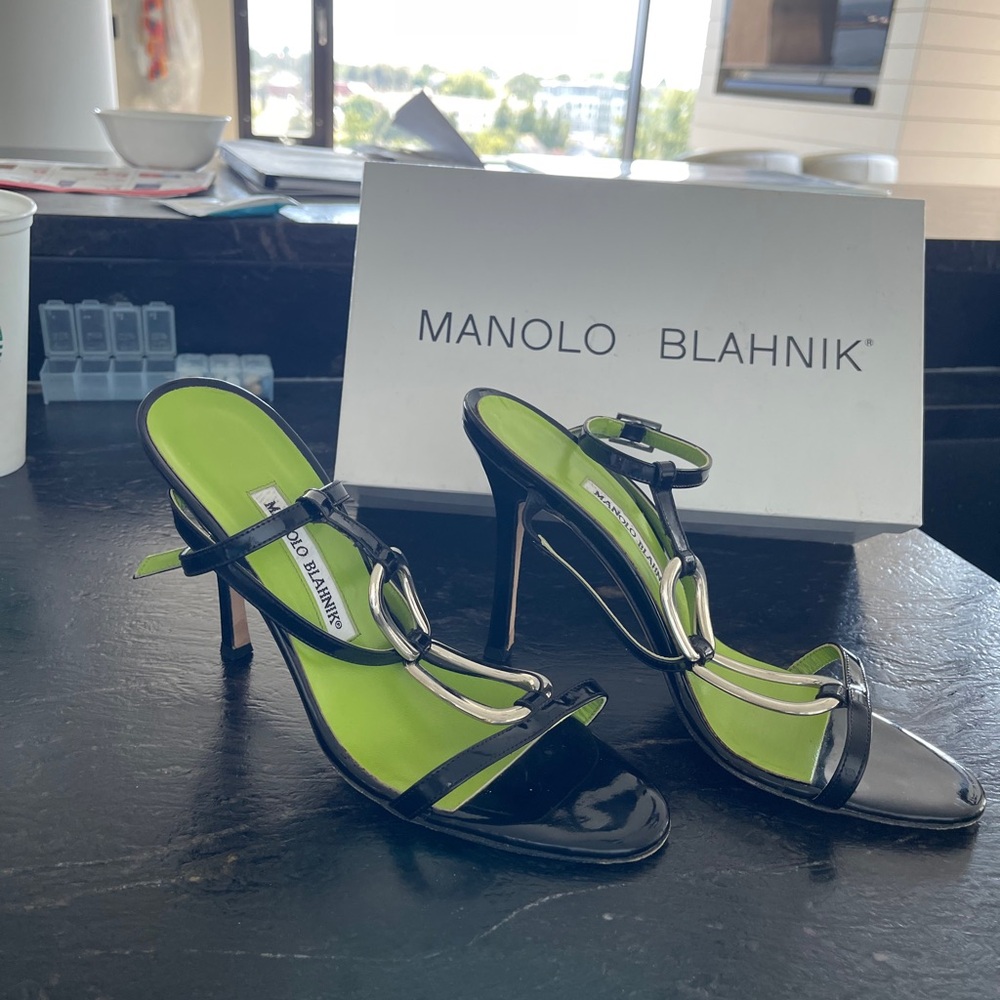 Manolo Blahnik Black and Green Stiletto Heels